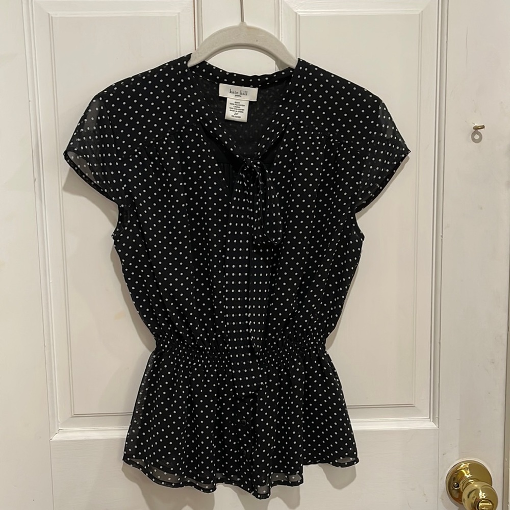 Kate Hill petite size 2p black with white polka dots front tie peplum blouse
